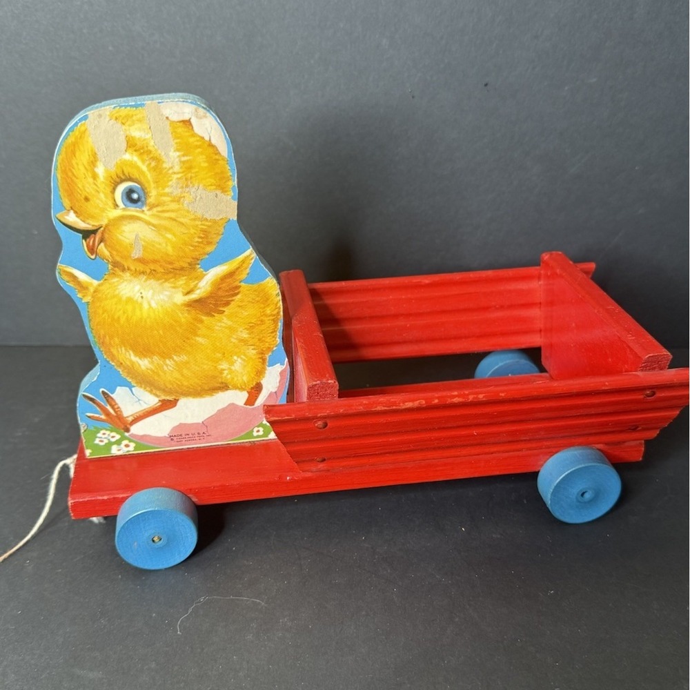 Vintage 1950s Fisher Price #407 Baby Chick Farm Wagon Pull Toy Wood Easter